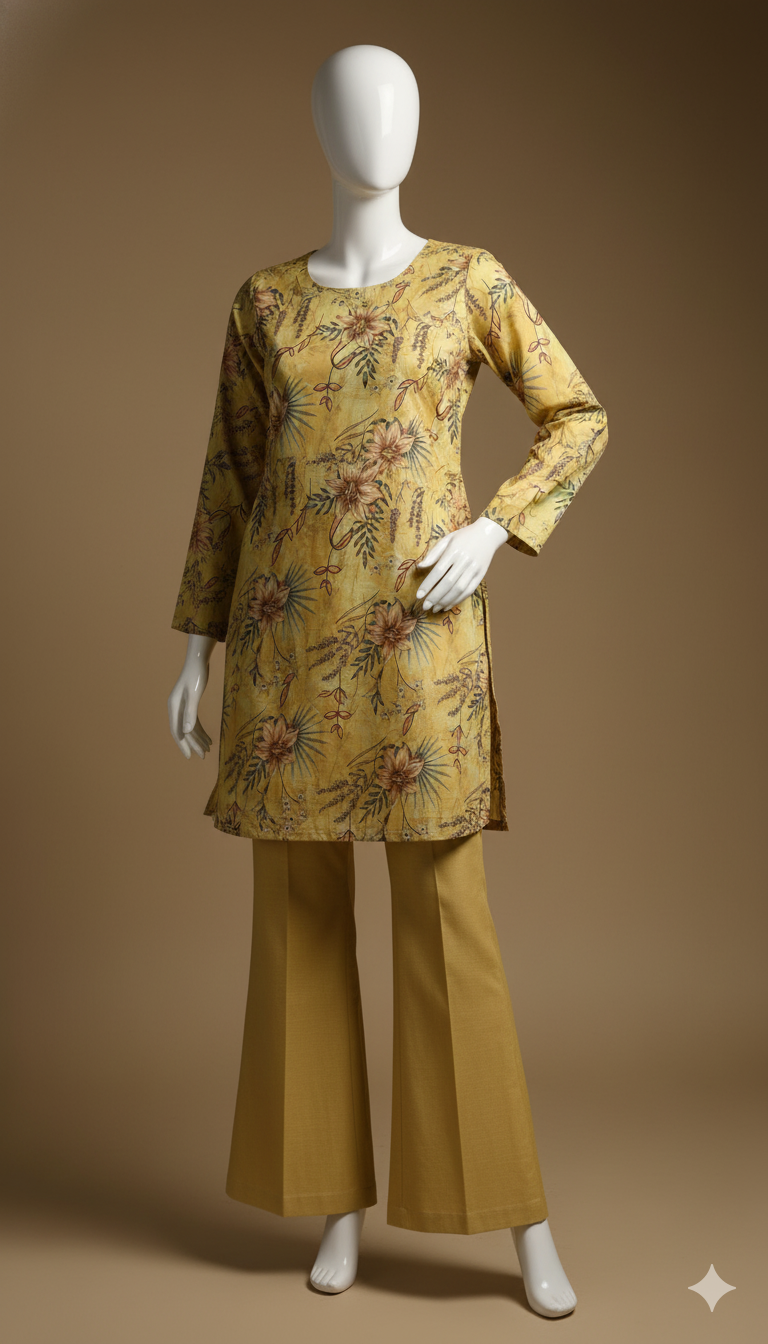 2-Piece Beige Khaddar Suit – Soft Winter Elegance | Digital Printed Shirt with Plain Trouser