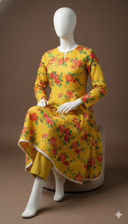 2-Piece Yellow Khaddar Suit – Sunshine Winter Charm | Digital Printed Shirt with Plain Trouser