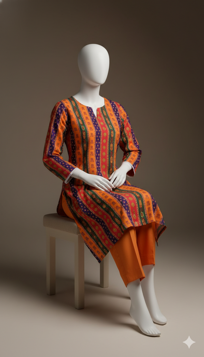 2-Piece Dark Orange Khaddar Suit – Warm Autumn Glow | Digital Printed Shirt with Plain Trouser