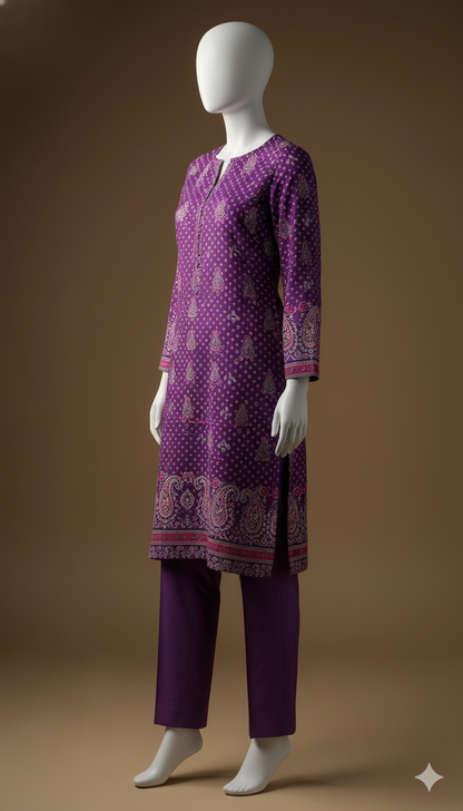 2-Piece Purple Khaddar Suit – Royal Winter Grace | Digital Printed Shirt with Plain Trouser