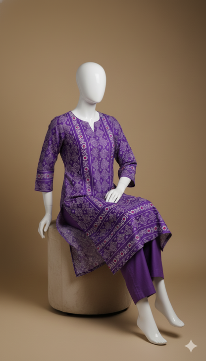 2-Piece Purple Khaddar Suit – Royal Winter Grace | Digital Printed Shirt with Plain Trouser