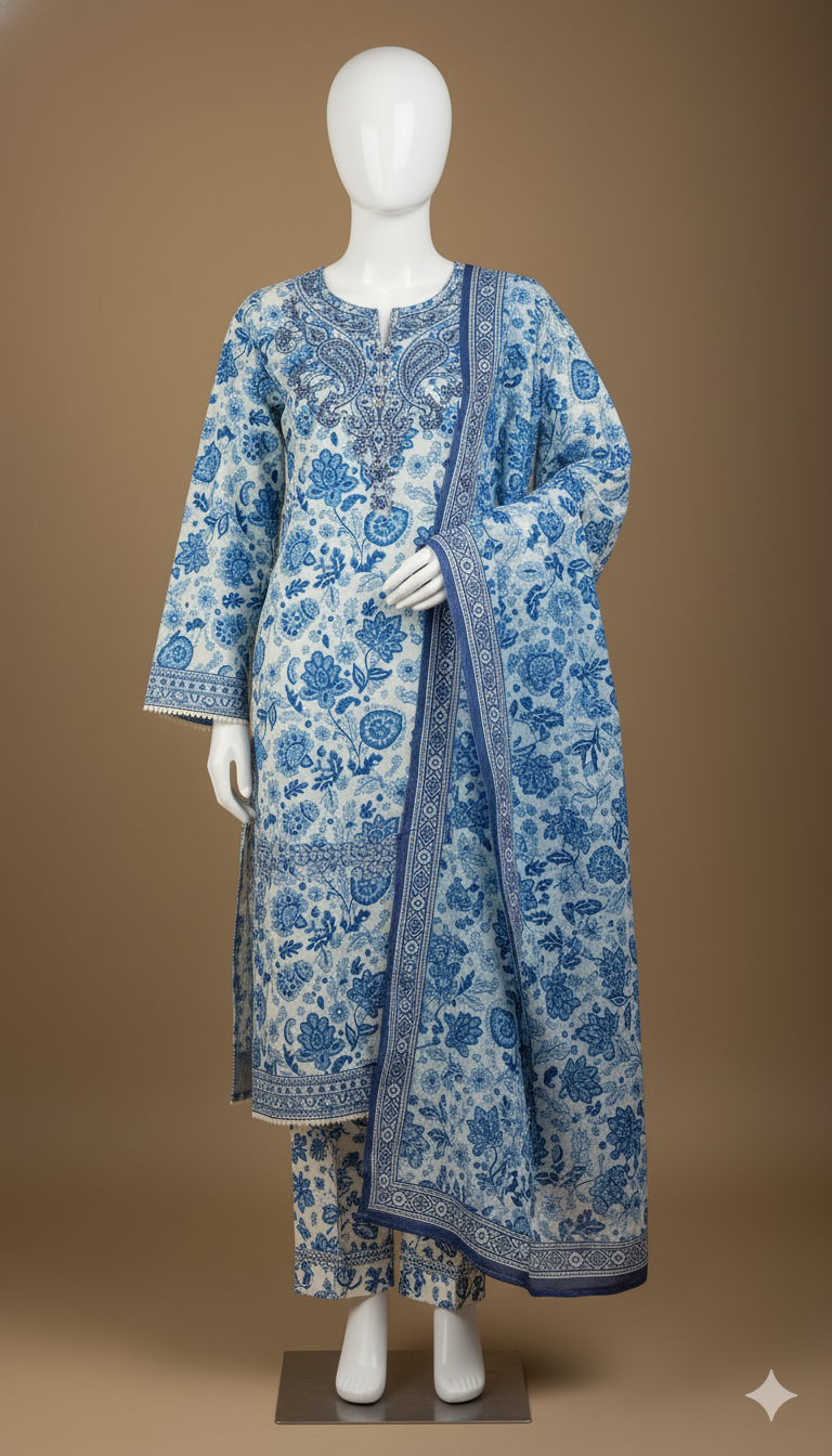 Digital Print Volume | Pure Soft Slub Khaddar 3-Piece Unstitched Suit with Heavy Embroidered Patches