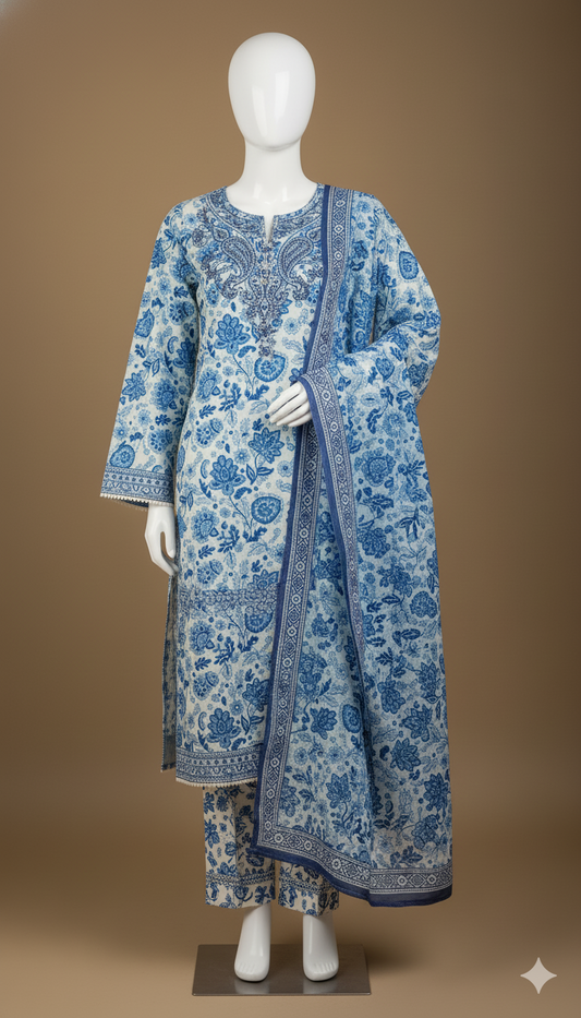 Digital Print Volume | Pure Soft Slub Khaddar 3-Piece Unstitched Suit with Heavy Embroidered Patches