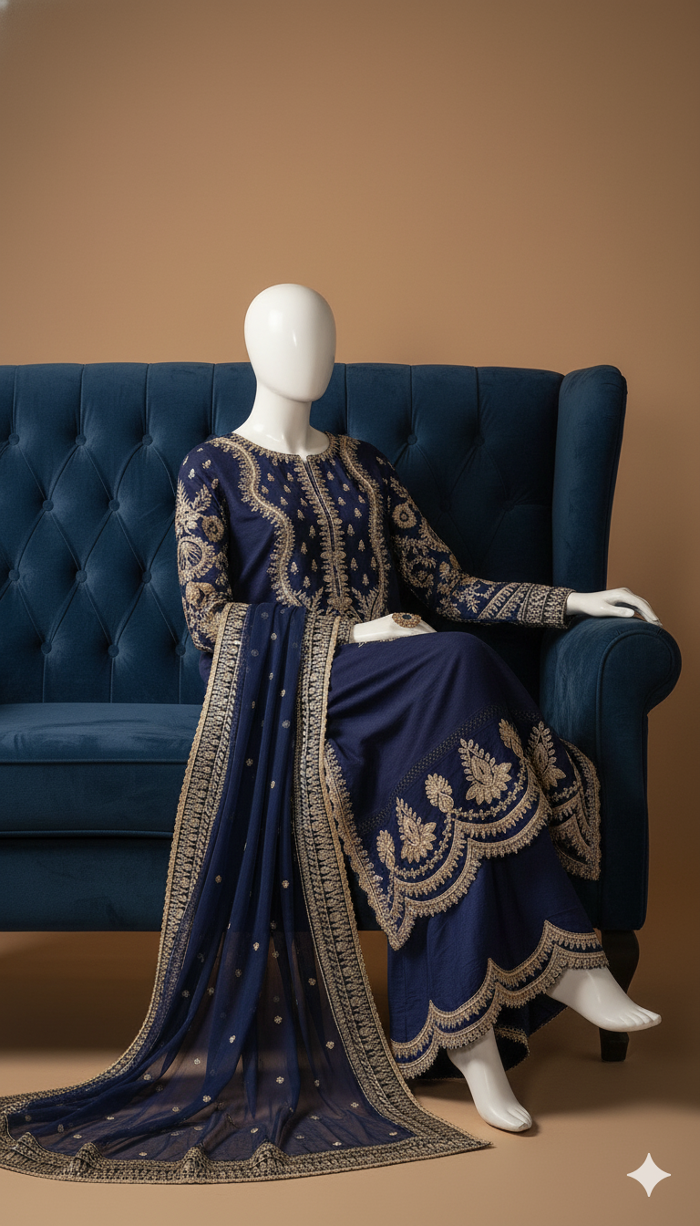 Winter Velvet Elegance – Embroidered 3-Piece Ready-to-Wear Ensemble