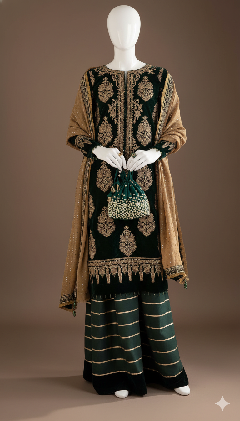 Velvet Grace – Luxury Embroidered 3-Piece Suit (Ready to Wear)