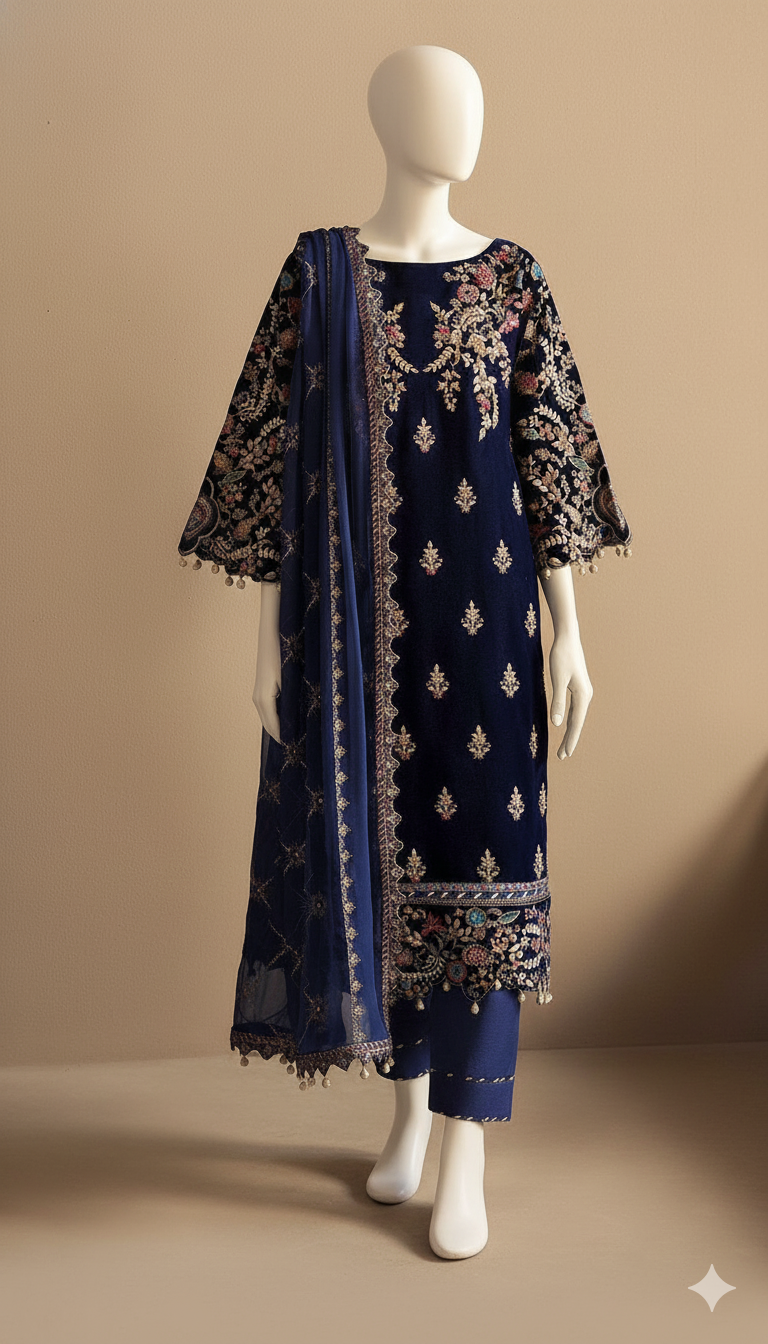 Royal Azure – Blue Heavy Embroidered Velvet 3-Piece Suit (Ready to Wear)