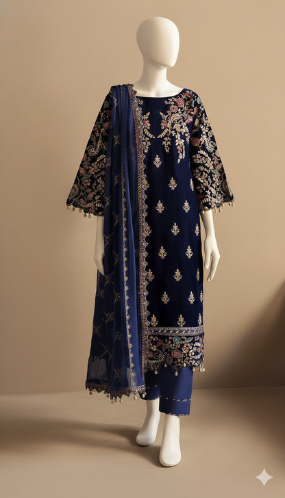 Royal Azure – Blue Heavy Embroidered Velvet 3-Piece Suit (Ready to Wear)