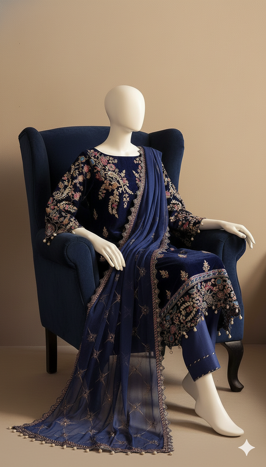 Royal Azure – Blue Heavy Embroidered Velvet 3-Piece Suit (Ready to Wear)