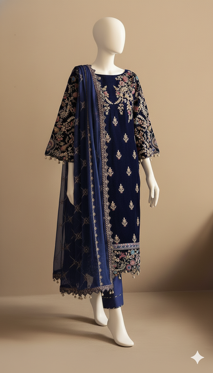 Royal Azure – Blue Heavy Embroidered Velvet 3-Piece Suit (Ready to Wear)