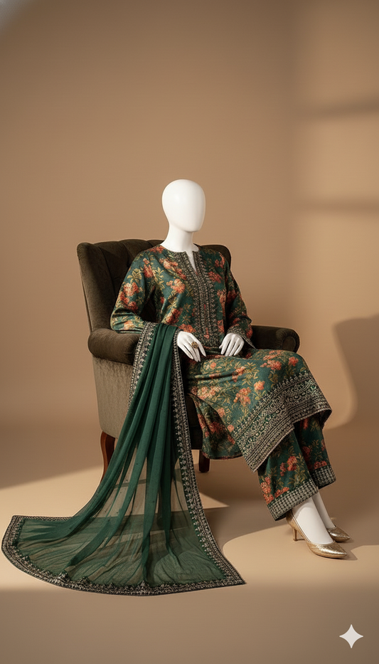 Luxury Shamoz Silk 3-Piece Printed & Embroidered Suit with Ready-to-Wear Dupatta | Ikhwan New Arrivals – November Drop 1