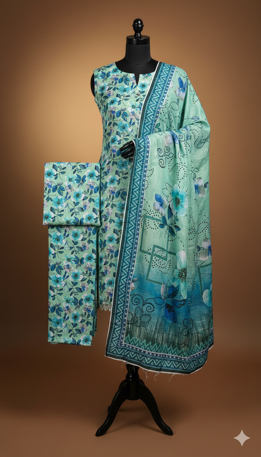 Khaadi Linen – Mint Teal Blossom 3-Piece Unstitched Suit