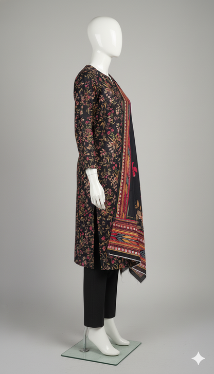 Khaadi 3-Piece Printed Doria Linen Suit – Midnight Blossom Edition