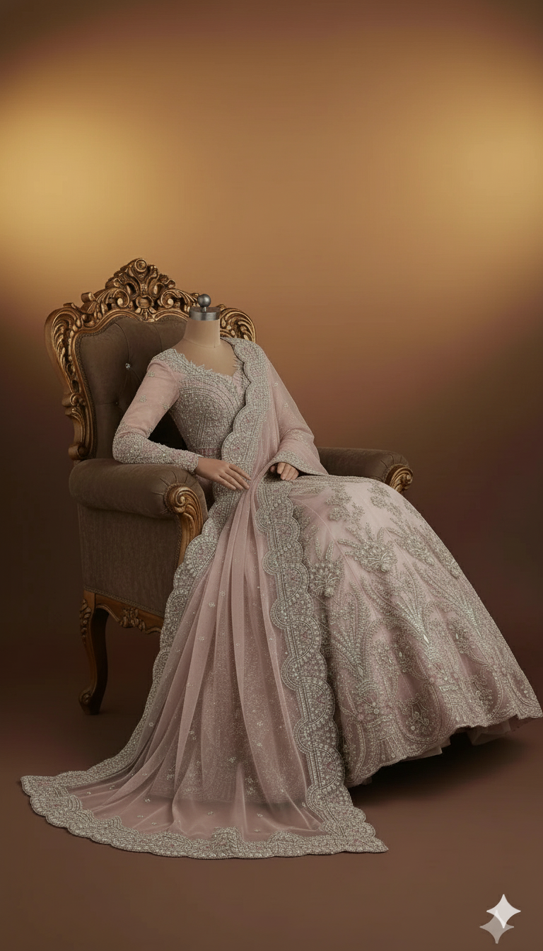 IKHWAN REPLICA – Luxury Embroidered Net Frock with Satin Silk Trouser & Heavy Net Dupatta