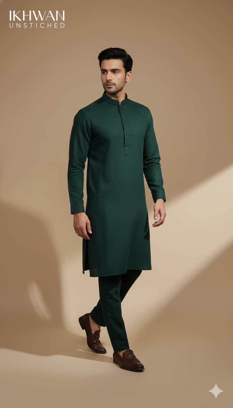 Premium Merino Wool Blend Fabric (4 Meters) | Timber Green Color | Winter Wear with Liquid Ammonia Finish
