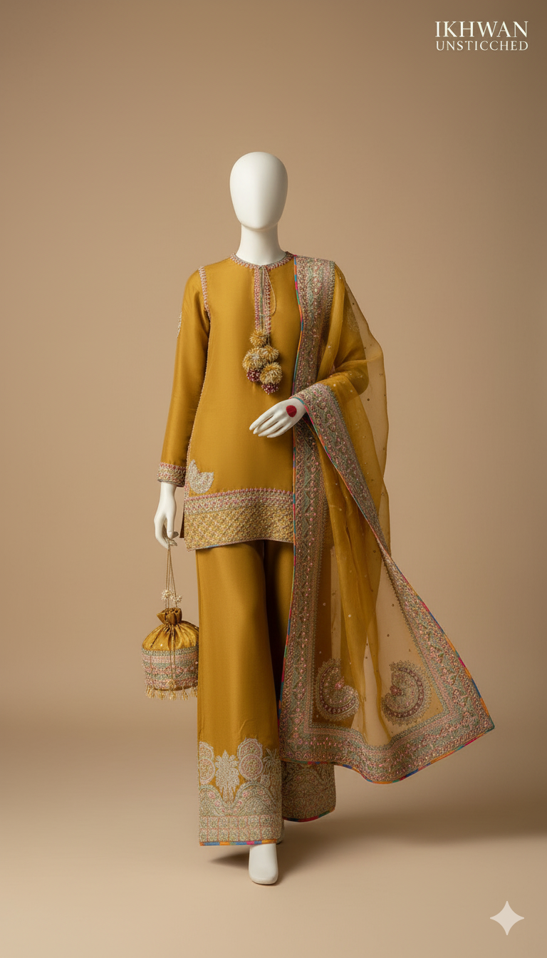 Ikhwan Replica – Unstitched Organza Embroidered 3-Piece Suit with Malai Trouser | Luxury Replica Collection 2025