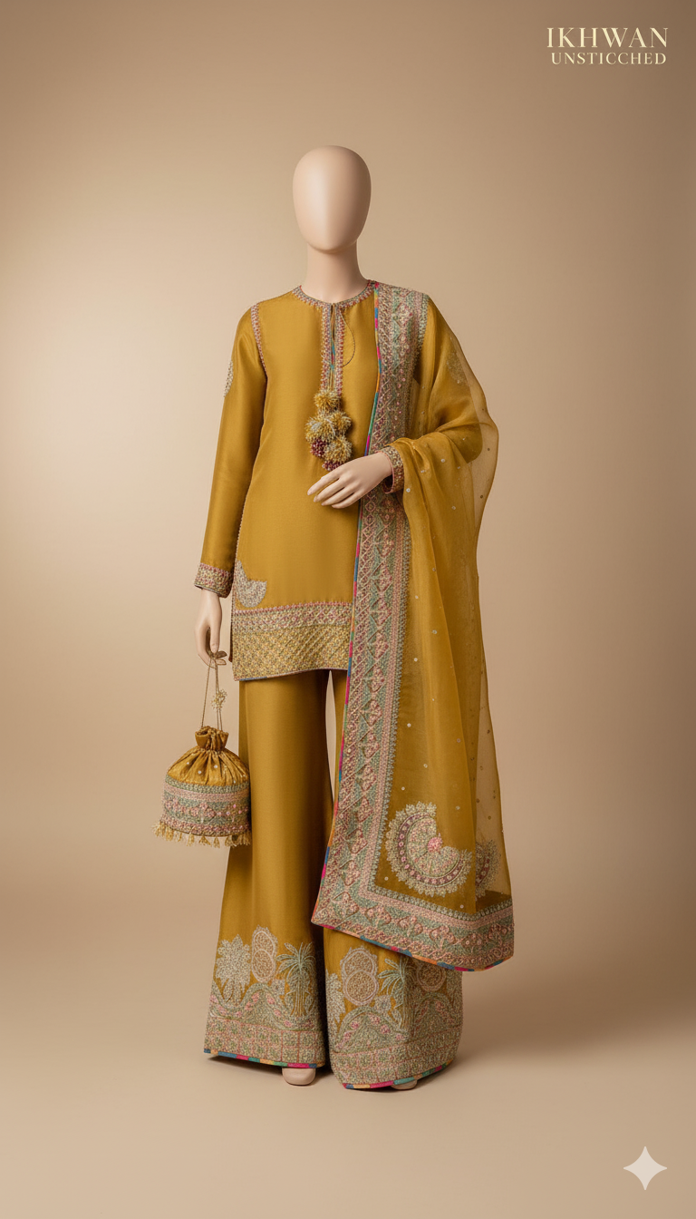 Ikhwan Replica – Unstitched Organza Embroidered 3-Piece Suit with Malai Trouser | Luxury Replica Collection 2025