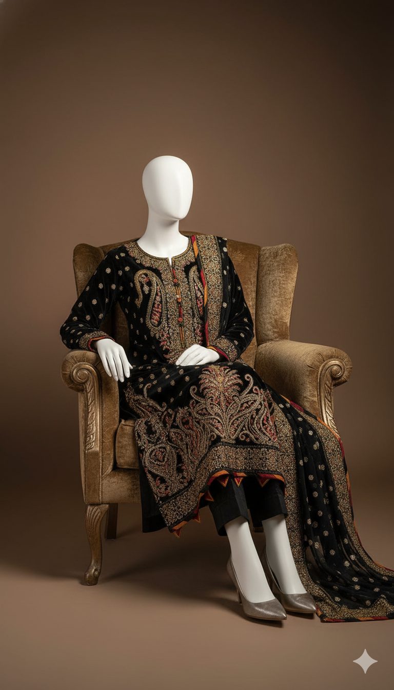 Royal Noir – Luxury Black Velvet Embroidered 3-Piece Suit (Ready to Wear)