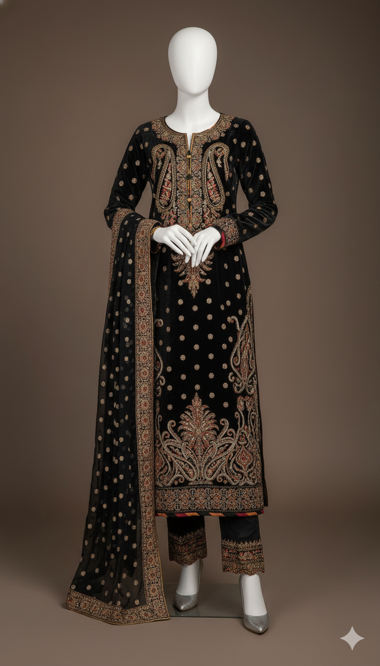 Royal Noir – Luxury Black Velvet Embroidered 3-Piece Suit (Ready to Wear)