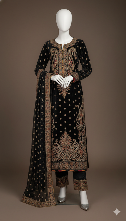 Royal Noir – Luxury Black Velvet Embroidered 3-Piece Suit (Ready to Wear)