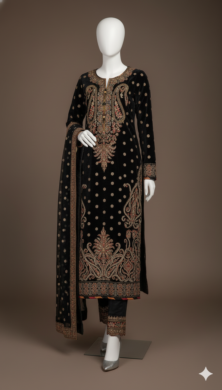 Royal Noir – Luxury Black Velvet Embroidered 3-Piece Suit (Ready to Wear)