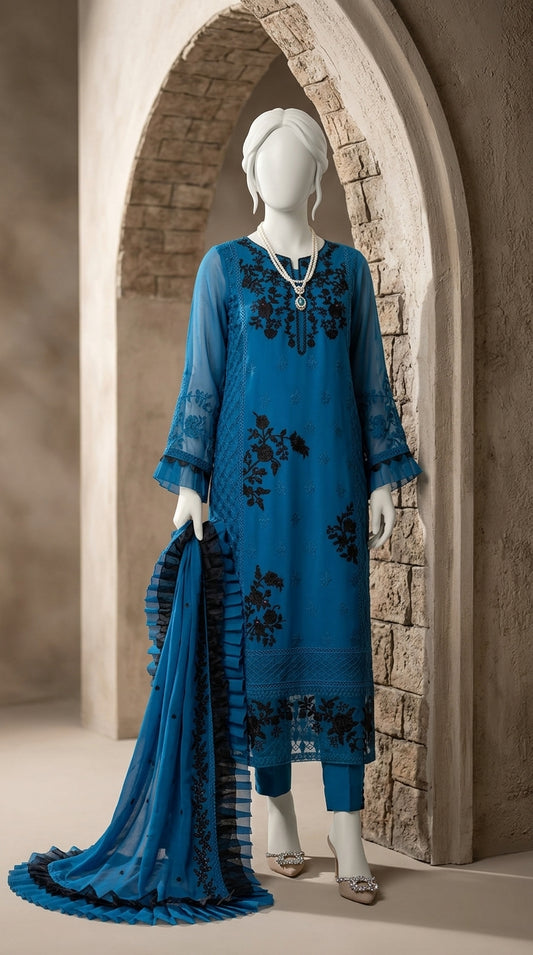 Luxury Chiffon 3-Piece Embroidered Suit with 4-Sided Organza Dupatta | Premium Collection 2026