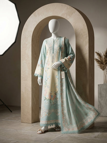 Luxury Printed Lawn 3-Piece Suit with Heavy Embroidered Chiffon Dupatta | Summer Lawn Collection 2026