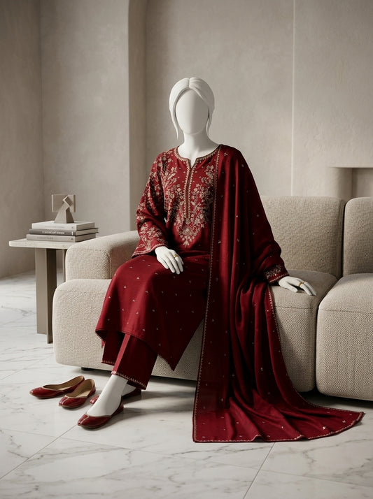 Luxury Airjet Lawn 3-Piece Heavy Embroidered Suit with Bamber Chiffon Ready-to-Wear Dupatta | Best Quality