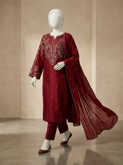 Luxury Airjet Lawn 3-Piece Heavy Embroidered Suit with Bamber Chiffon Ready-to-Wear Dupatta | Best Quality