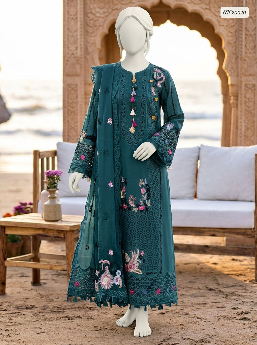 Qalamkar Replica | Premium Chikankari Lawn Cotton 3-Piece Suit with Organza Dupatta | Summer Collection 2026