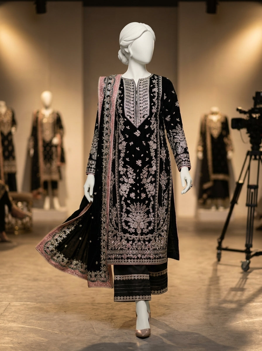 Luxury Embroidered Chiffon Wedding Collection – Maroon | Heavy Sequins & Adda Work 3-Piece Suit | Summer Wedding Collection 2026