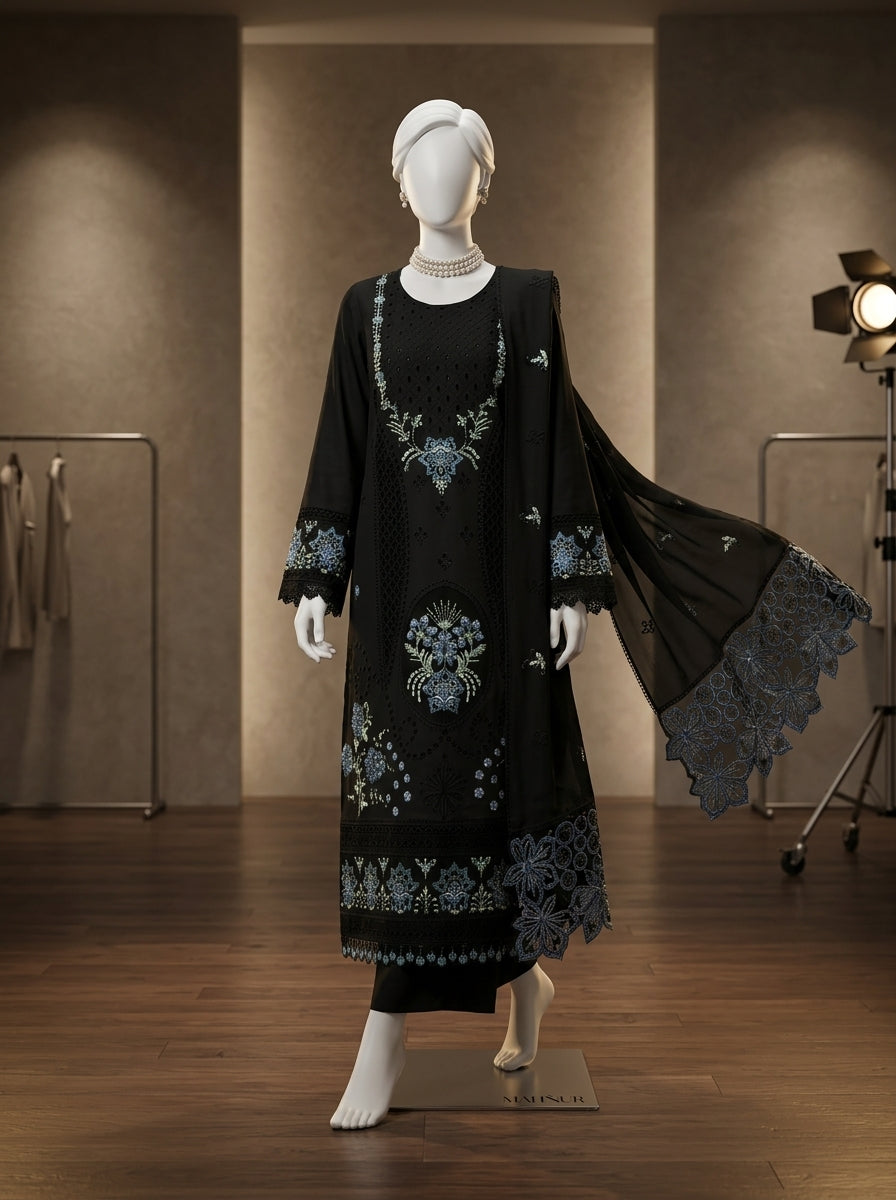 Luxury Cotton Lawn 3-Piece Suit with Chikankari Thread Embroidery & Chiffon Dupatta | Summer Collection 2026