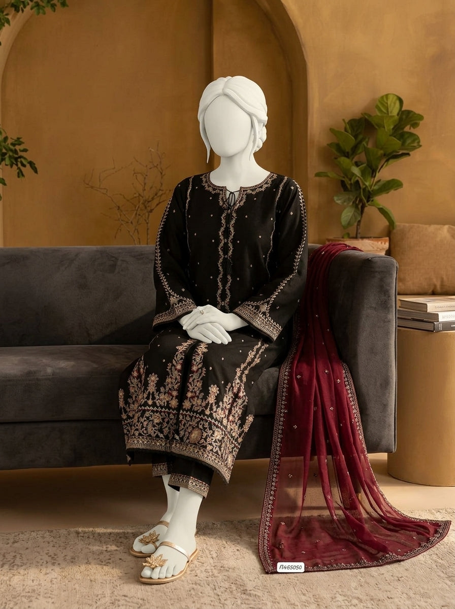 Premium Air-Jet Lawn 3-Piece Heavy Embroidered Suit with Bamber Chiffon Dupatta | Summer Lawn Collection 2026