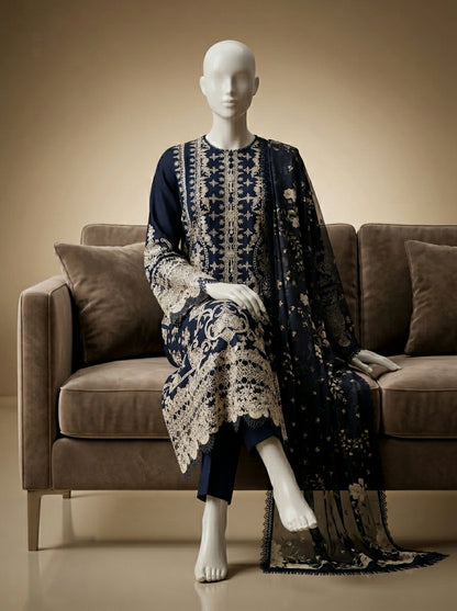Qalamkar Premium Lawn 3PC Suit with Diamond Printed Dupatta | Embroidered Summer Collection