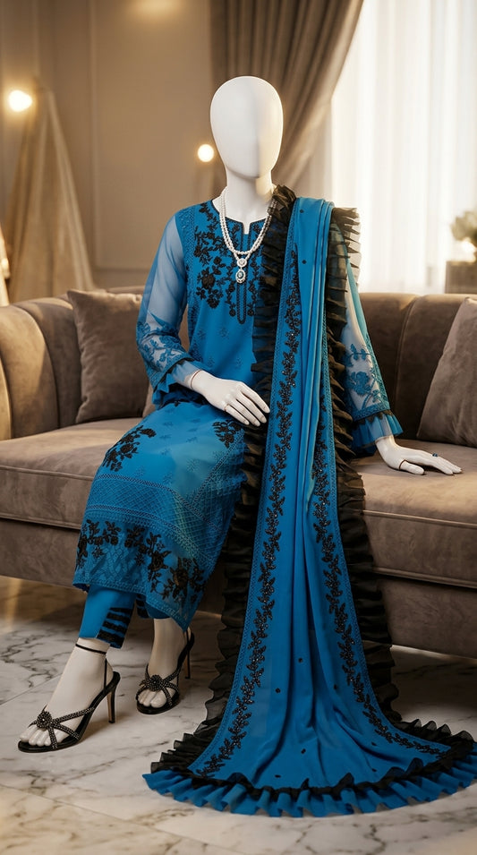 Luxury Chiffon 3-Piece Embroidered Suit with 4-Sided Organza Dupatta | Premium Collection 2026
