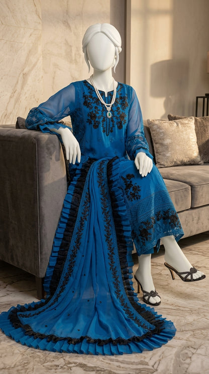 Luxury Chiffon 3-Piece Embroidered Suit with 4-Sided Organza Dupatta | Premium Collection 2026