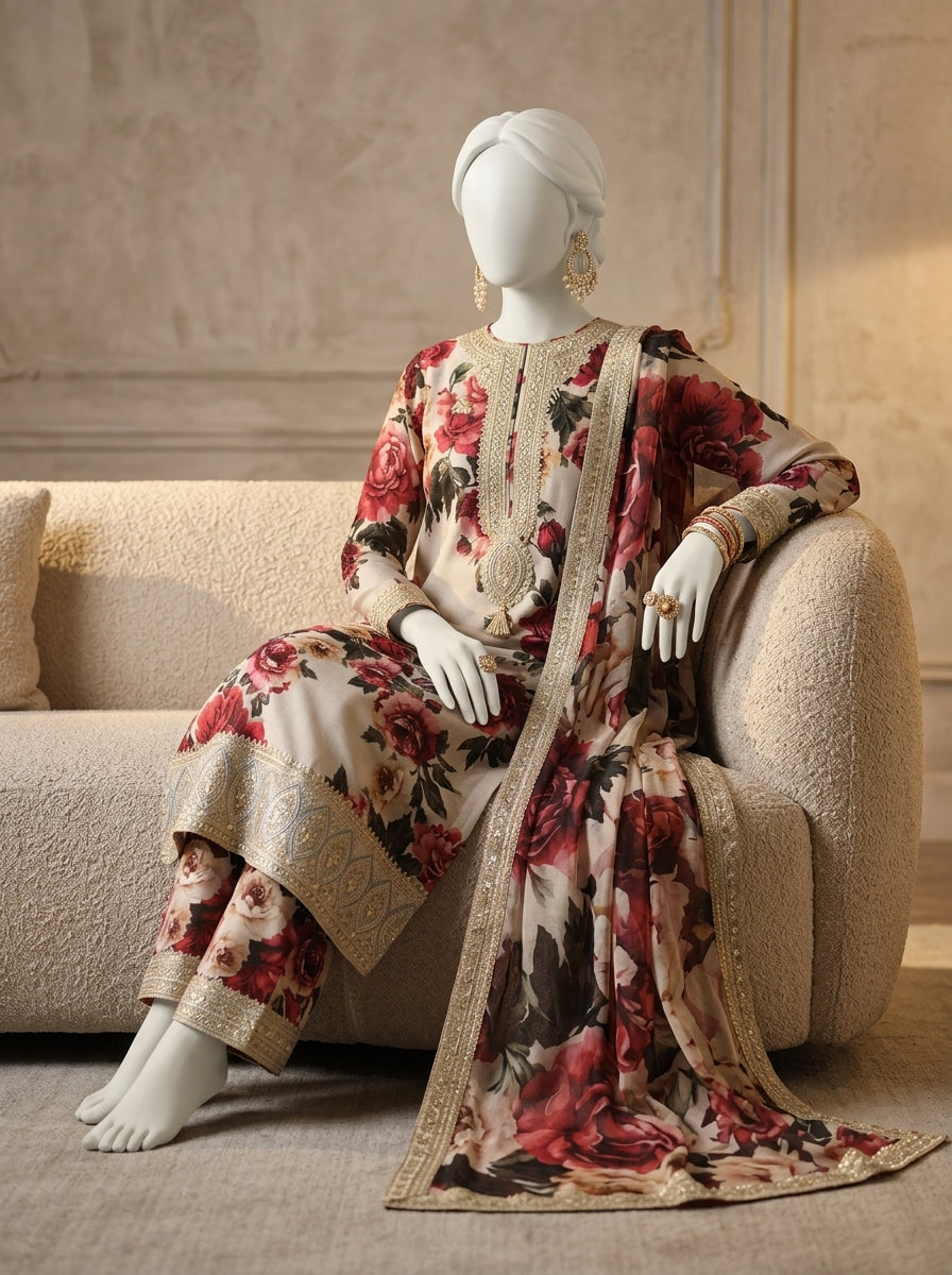 3-Piece Embroidered Lawn Suit with Printed Trouser & Ready-to-Wear Chiffon Dupatta