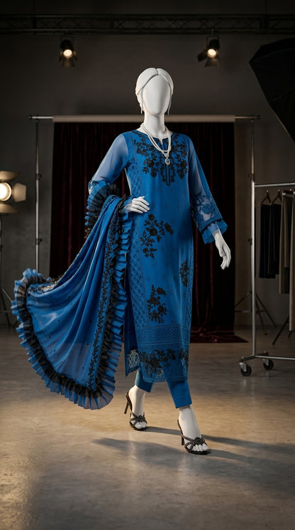 Luxury Chiffon 3-Piece Embroidered Suit with 4-Sided Organza Dupatta | Premium Collection 2026