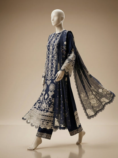 Qalamkar Premium Lawn 3PC Suit with Diamond Printed Dupatta | Embroidered Summer Collection