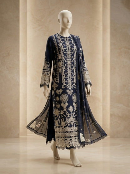 Qalamkar Premium Lawn 3PC Suit with Diamond Printed Dupatta | Embroidered Summer Collection