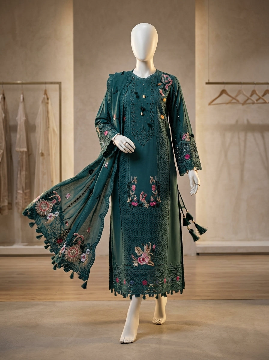 Qalamkar Replica | Premium Chikankari Lawn Cotton 3-Piece Suit with Organza Dupatta | Summer Collection 2026