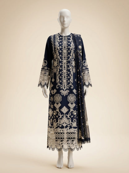 Qalamkar Premium Lawn 3PC Suit with Diamond Printed Dupatta | Embroidered Summer Collection