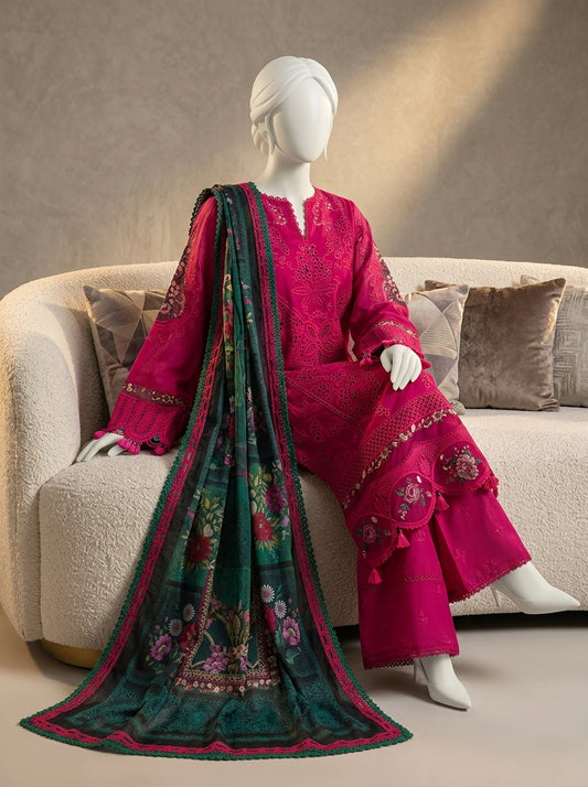 Luxury Chikankari Lawn Cotton 3-Piece Suit with Digital Silk Dupatta &amp; Embroidered Trouser | Summer Collection 2026
