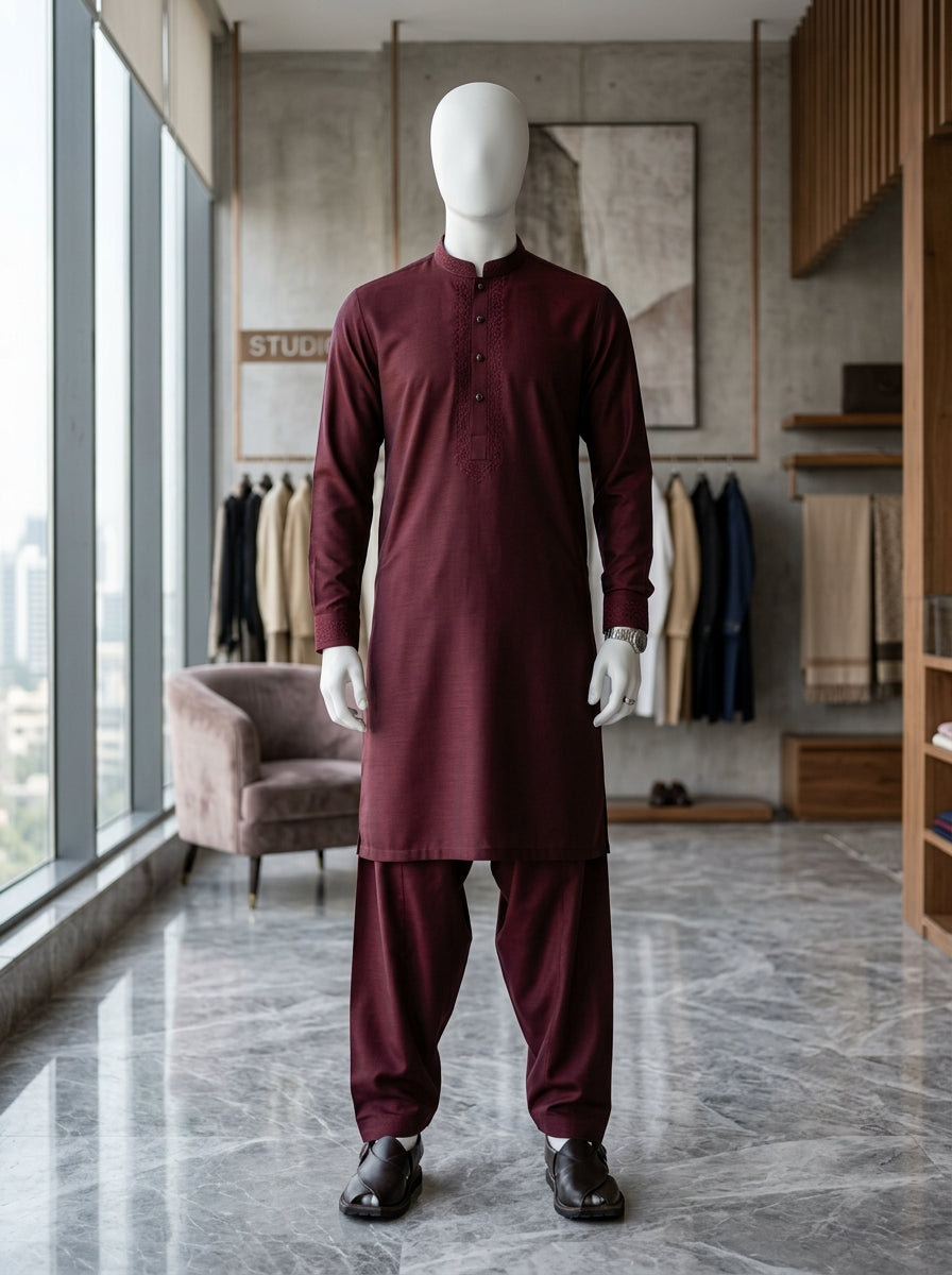 Burgundy Wash & Wear Boski Unstitched Fabric