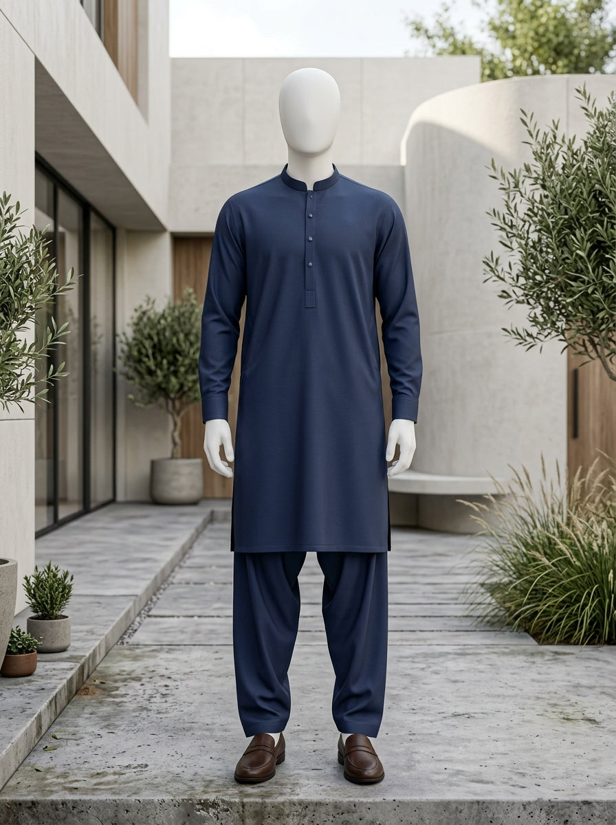 Navy Blue Wash &amp; Wear Boski Unstitched Fabric