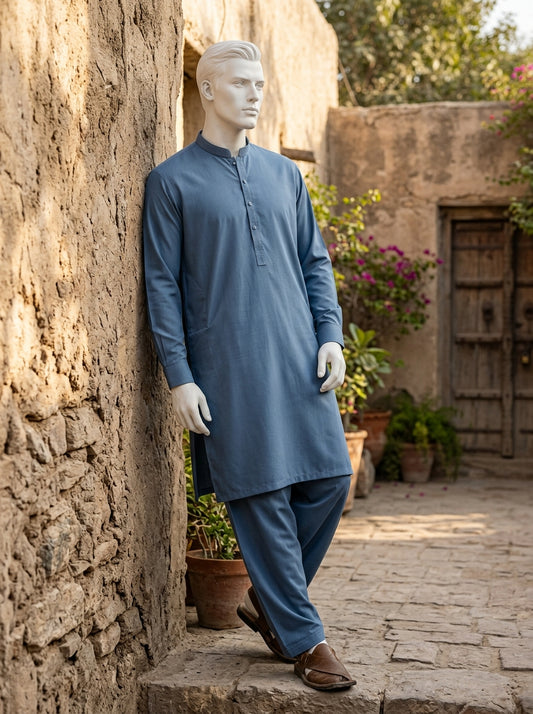 Steel Blue Wash & Wear Boski Unstitched Fabric