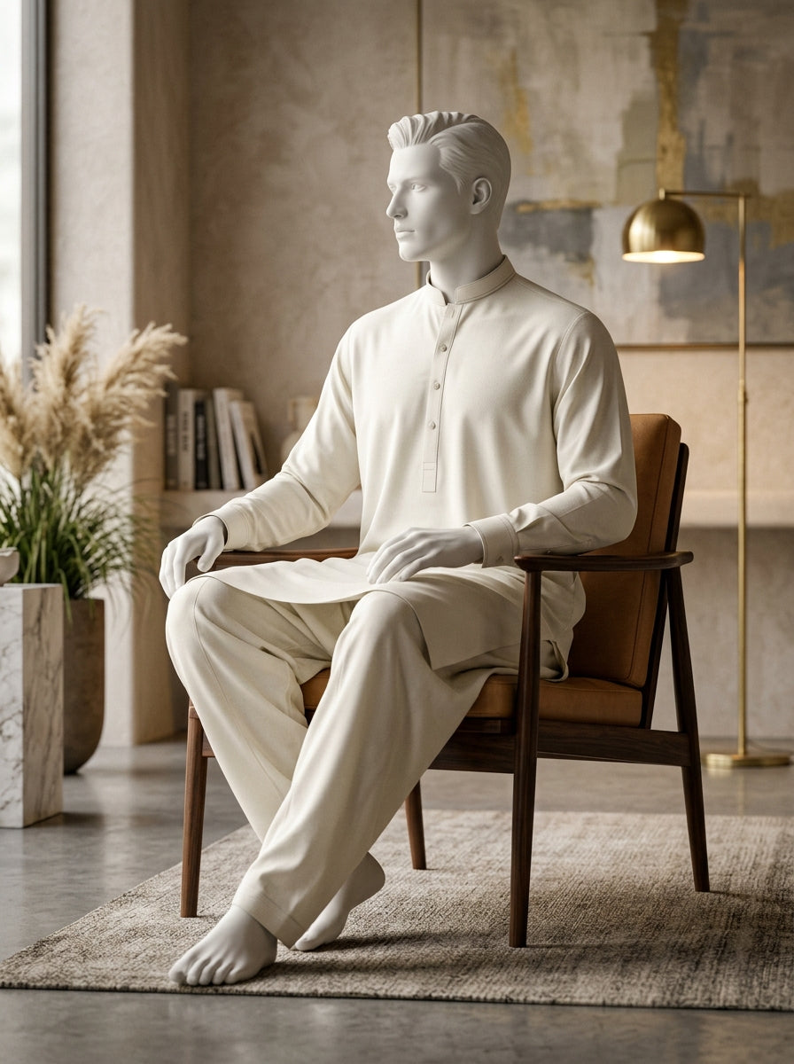 Off White Wash & Wear Boski Unstitched Fabric