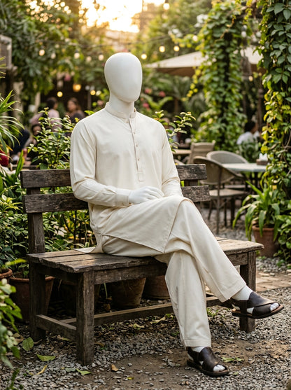 Off White Wash & Wear Boski Unstitched Fabric