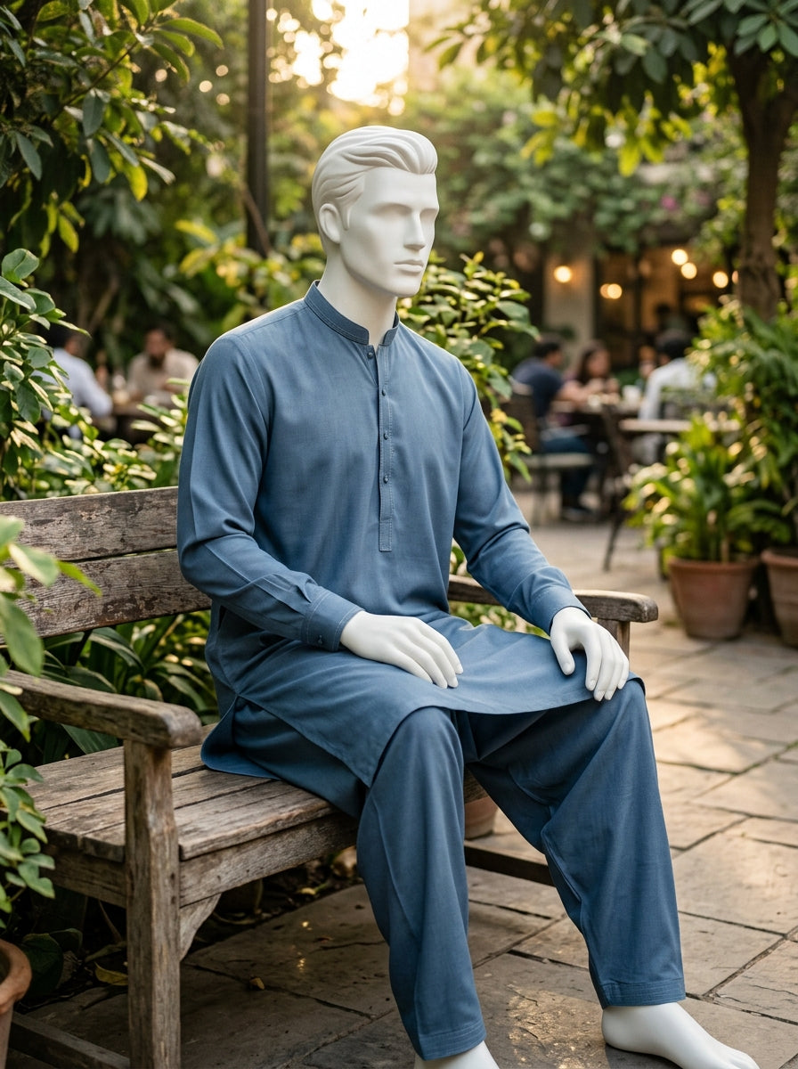 Steel Blue Wash & Wear Boski Unstitched Fabric