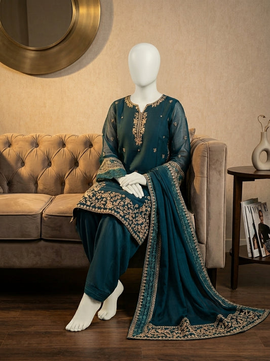 Premium Air-Jet Lawn 3-Piece Heavy Embroidered Suit with Bember Chiffon Dupatta | Summer Collection 2026