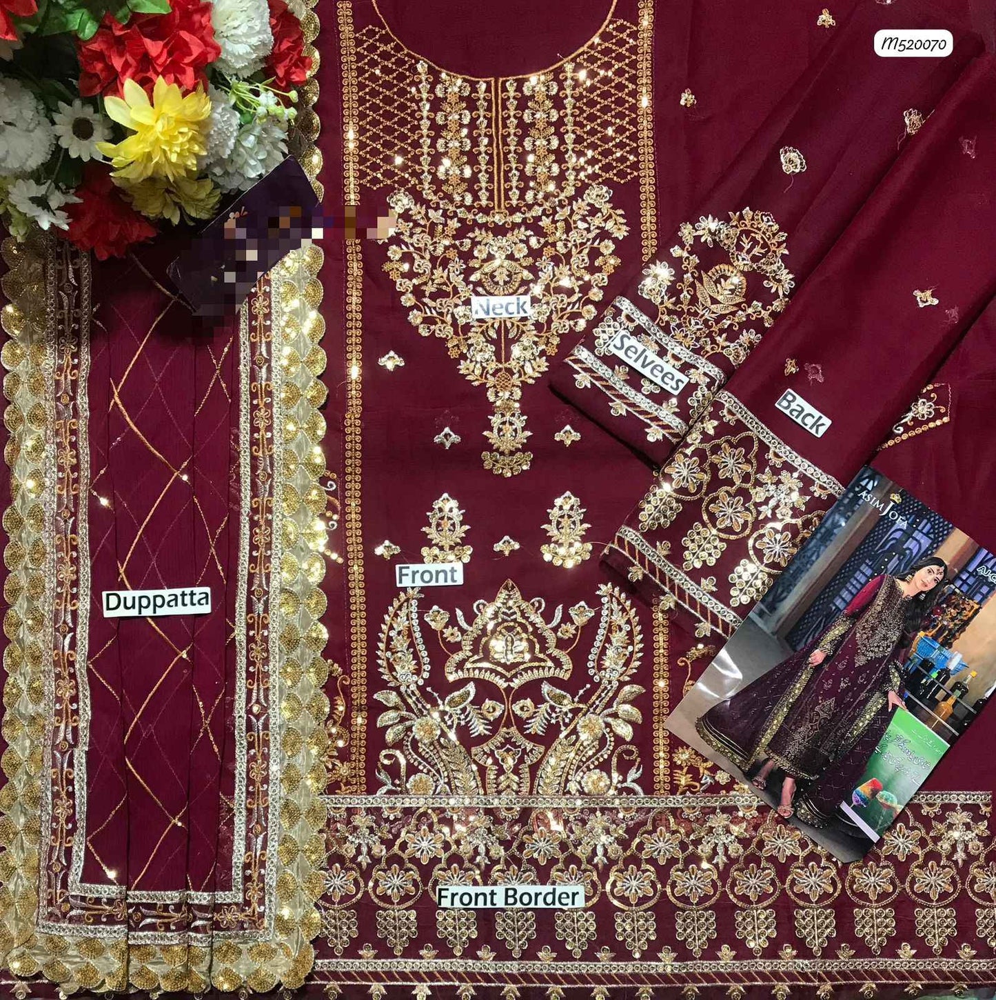 Ikhwan Unstitched Replica – Luxury Embroidered Chiffon Suit with Malai Trouser & Dupatta